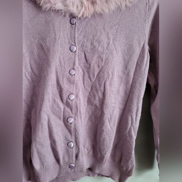 Worthington Lavender Purple faux fur Collar Button Close Cardigan Size L - Picture 7 of 16